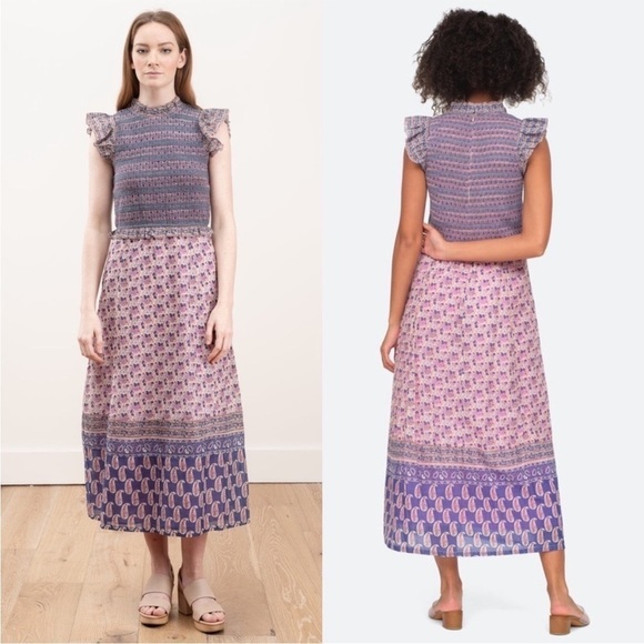 SEA NY Lilac Floral Paisley Stripe Smocked Ruffle Trim Flutter Sleeve Dress 2 - Picture 7 of 14